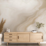 Marble wave wallpaper in modern living room showing fluid beige patterns creating depth and movement