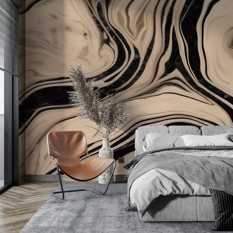 Black and beige marble wallpaper creating drama in a modern living room with minimalist furniture