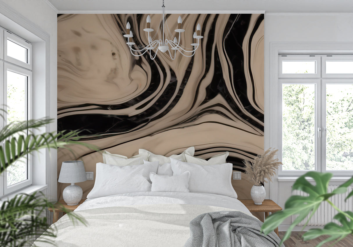 Elegant marble wall mural in a luxury master bedroom showing flowing black and beige patterns