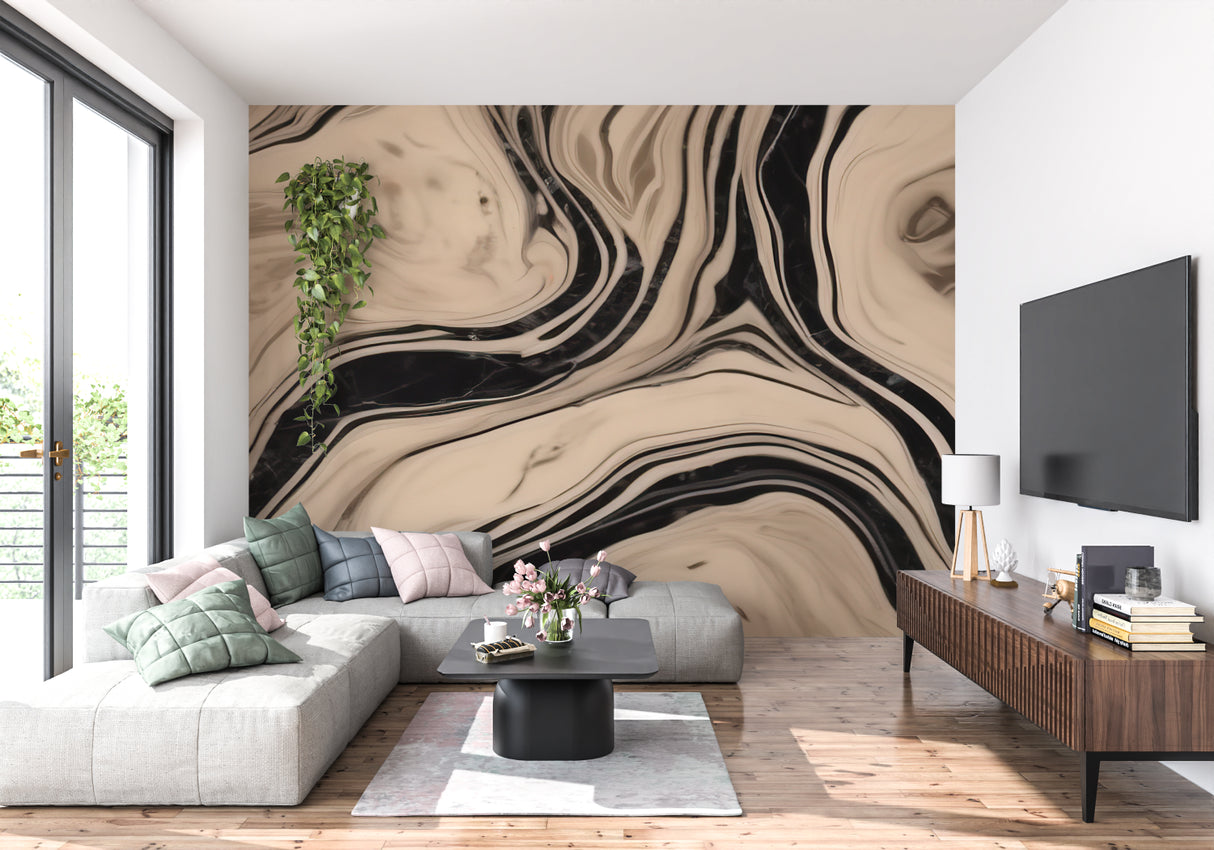 Black and beige marble effect wallpaper transforming a home office space