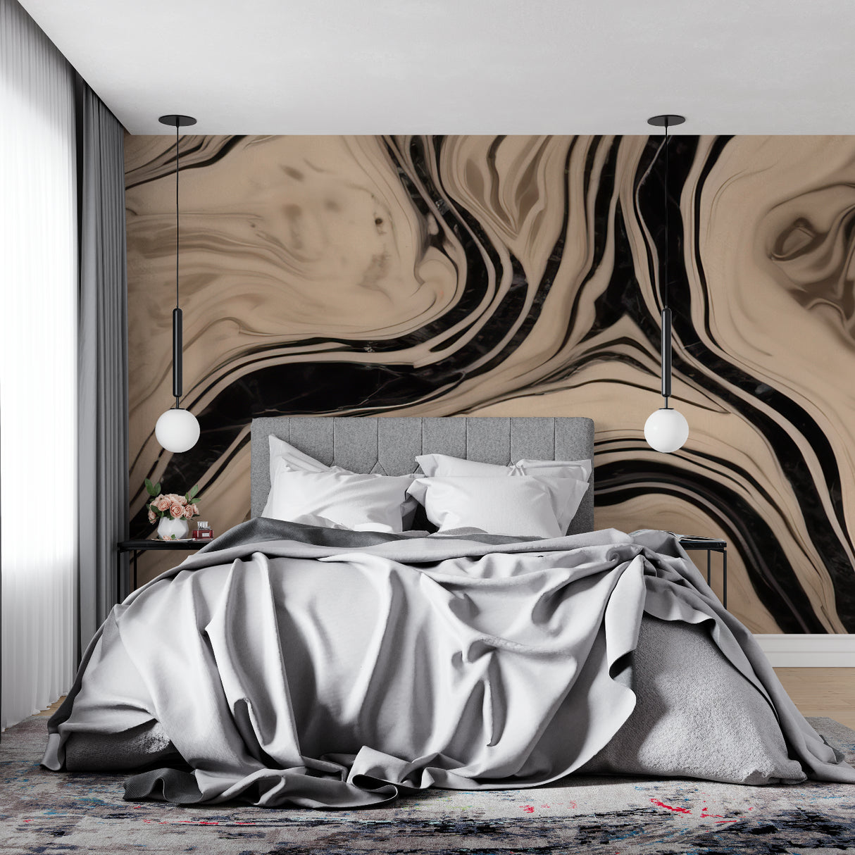 Marble wall mural adding luxury to an entrance hallway with modern lighting