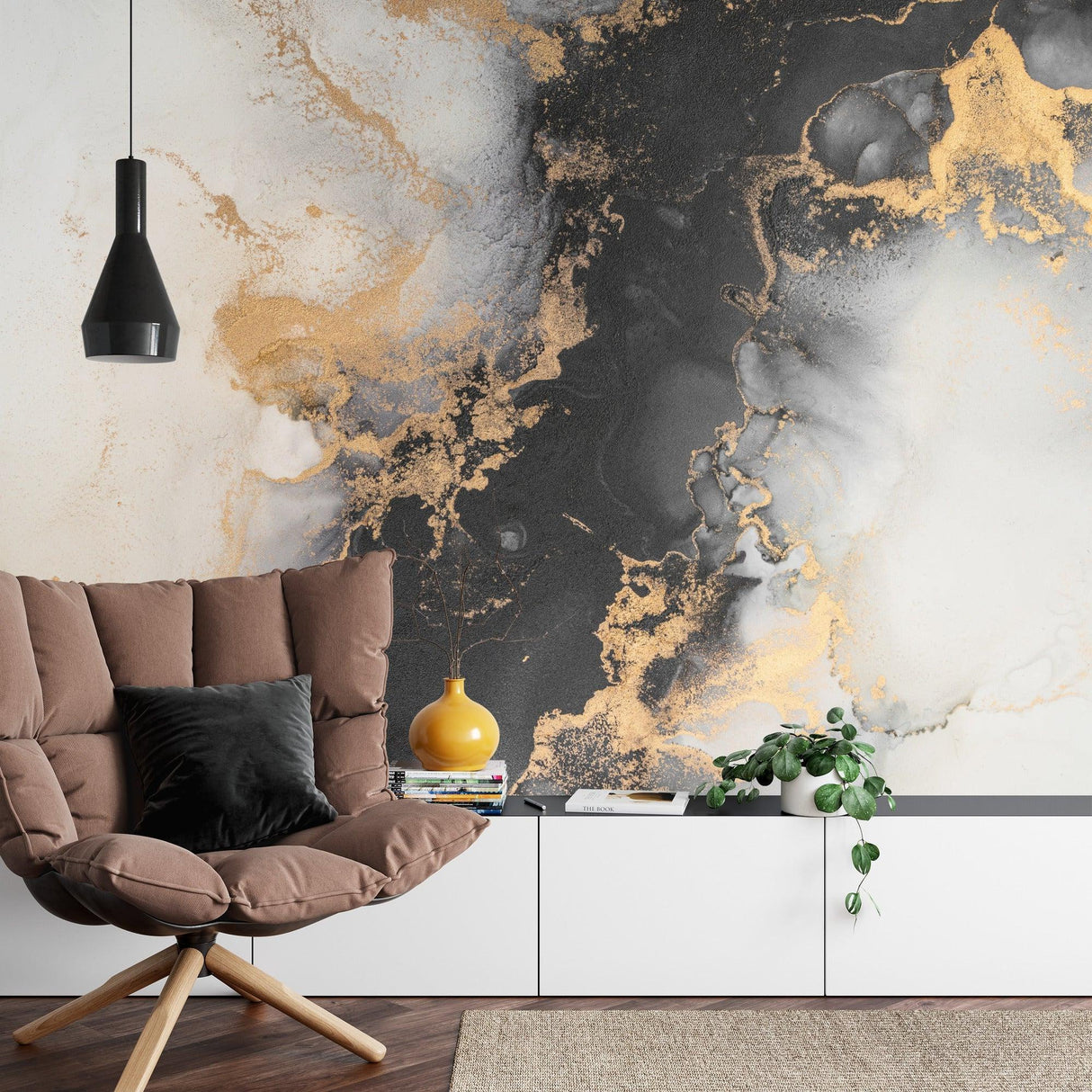 Marble wallpaper in modern living room showing dramatic black and gold veining