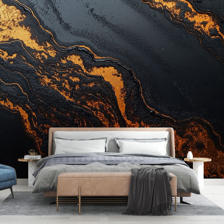 Black and gold marble wallpaper creates dramatic impact in modern living room with clean lines and minimal furniture