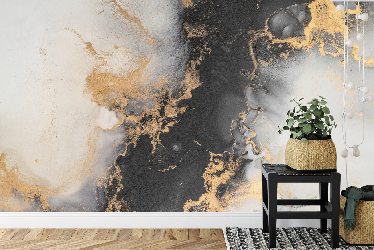 Black and gold marble wall mural creating luxury dining room feature wall
