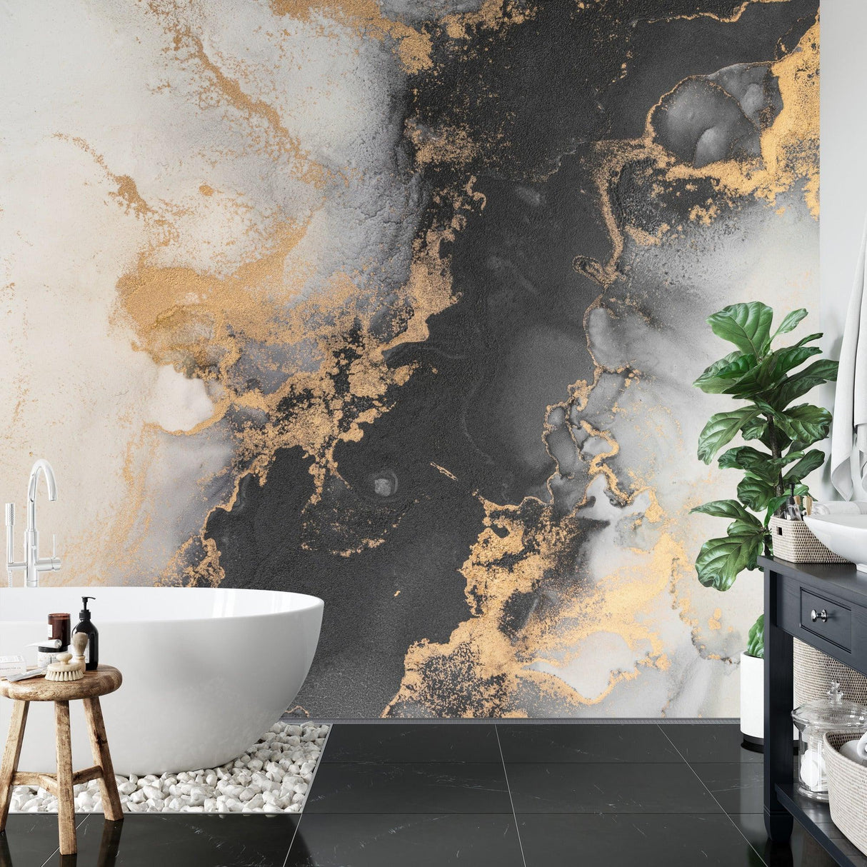 Modern office space featuring black and gold marble wallpaper accent wall