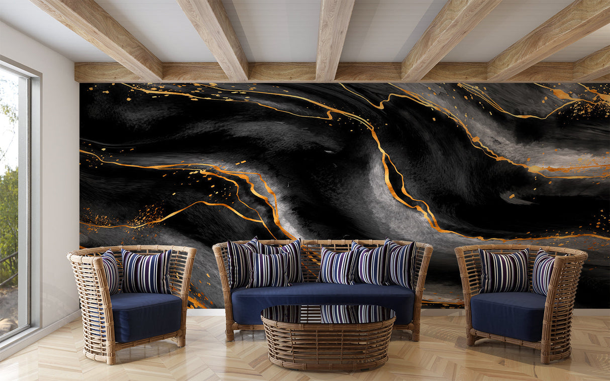 Home office with black marble wallpaper creating sophisticated atmosphere