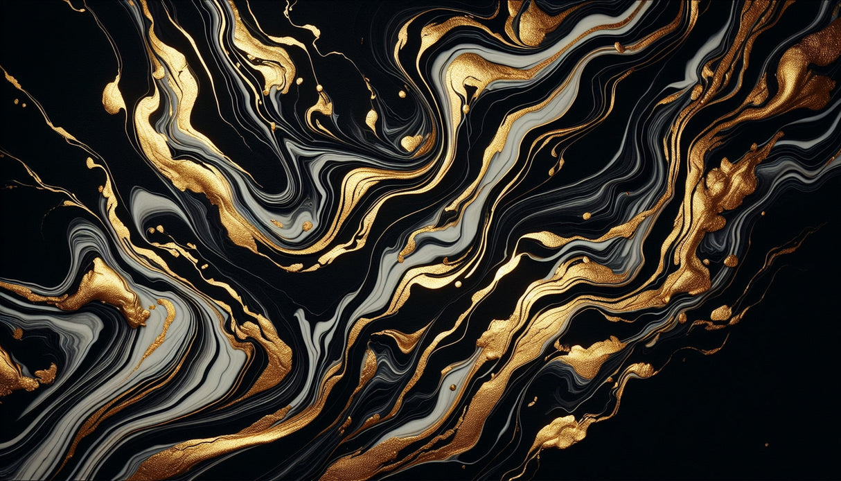 Black and gold marble wallpaper mural creating a stunning feature wall in a modern living room with minimalist furniture