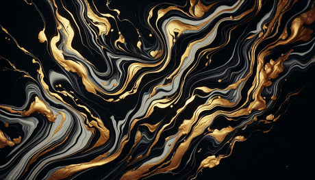 Black and gold marble wallpaper mural creating a stunning feature wall in a modern living room with minimalist furniture