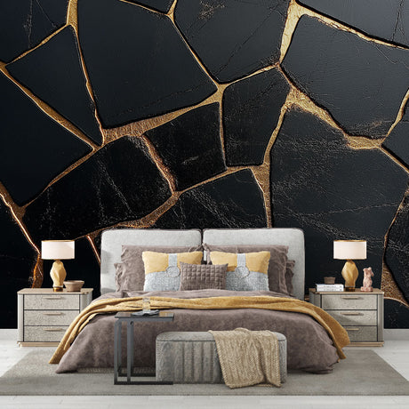 Black and gold marble wallpaper creating dramatic impact in a modern living room with high ceilings and minimalist furniture