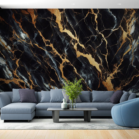 Black and gold marble wallpaper creating luxury atmosphere in modern living room with grey sofa and gold accents