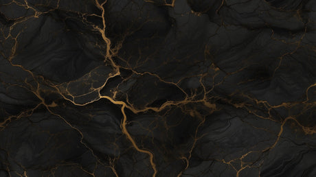Black and gold marble wallpaper creating dramatic impact in a modern dining room with pendant lighting