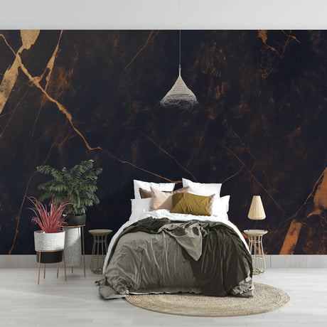Black and gold marble wallpaper creating dramatic impact in modern living room with high ceilings and pendant lighting
