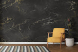 Black marble wallpaper with gold veining in elegant bathroom setting