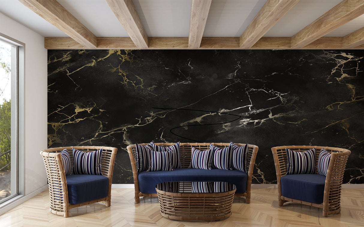 Marble effect wallpaper bringing luxury to modern home office space