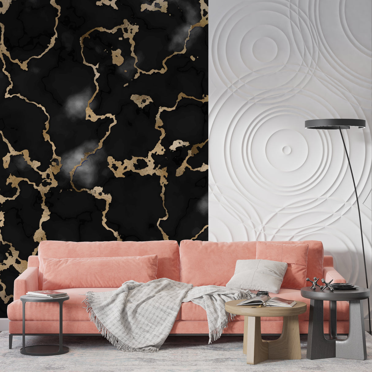 Black and gold marble wallpaper creating luxury feel in modern living room setting