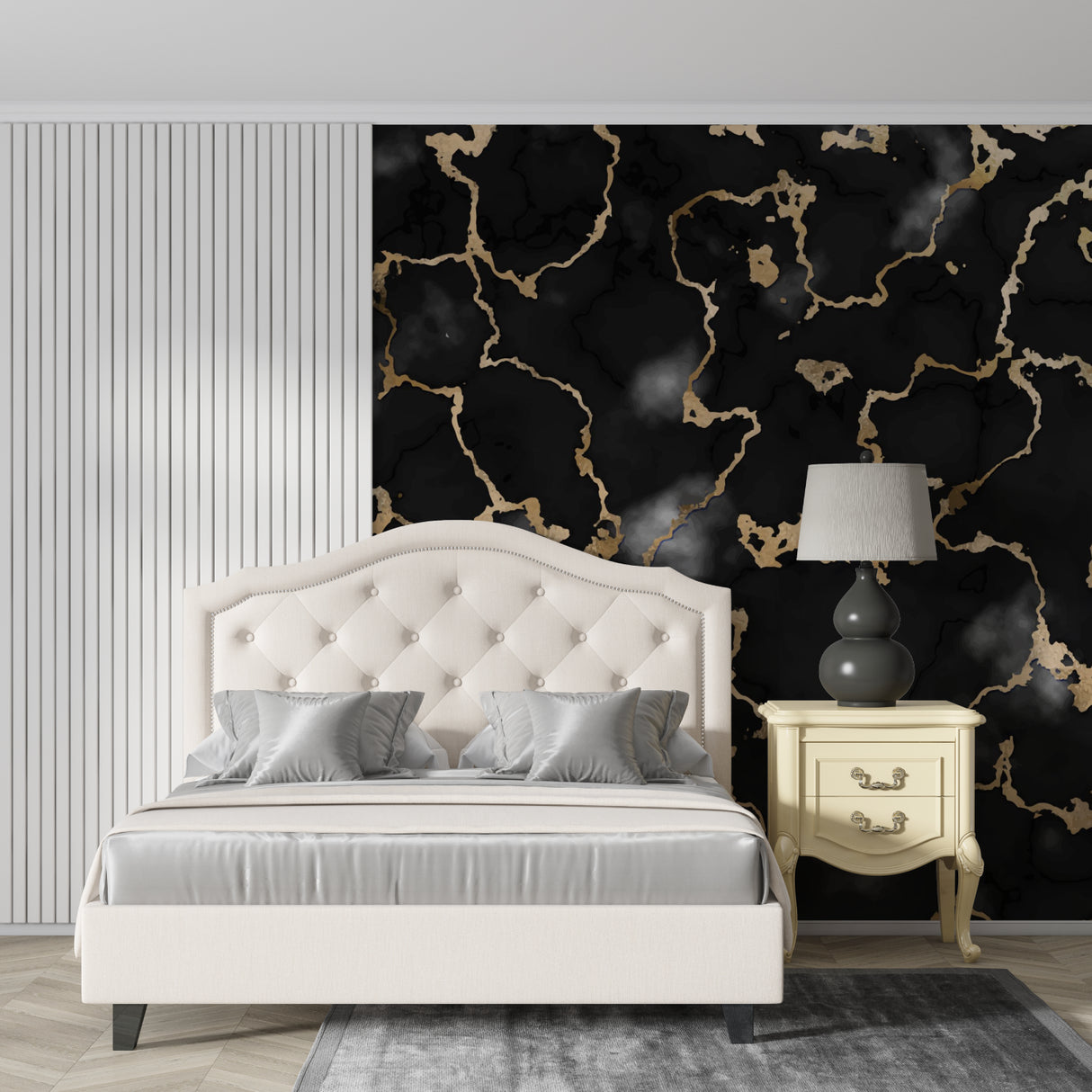 Elegant dining room featuring black and gold marble wall mural