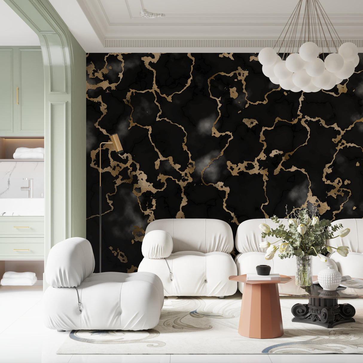 Master bedroom with striking black and gold marble accent wall