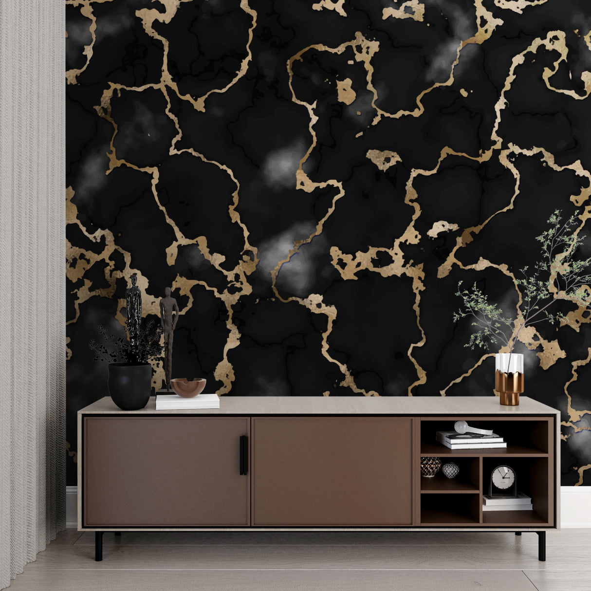 Office space showcasing black marble wallpaper with gold veining