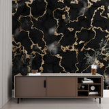 Office space showcasing black marble wallpaper with gold veining