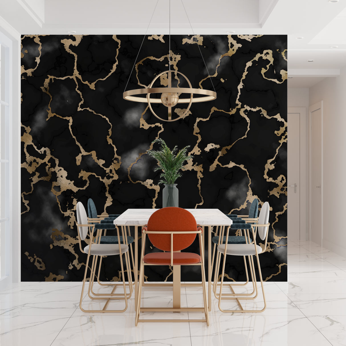 Bathroom interior with black and gold marble wall design