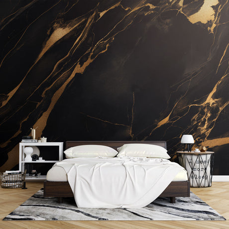 Black and gold marble wallpaper creating dramatic impact in modern living room with tall windows and contemporary furniture