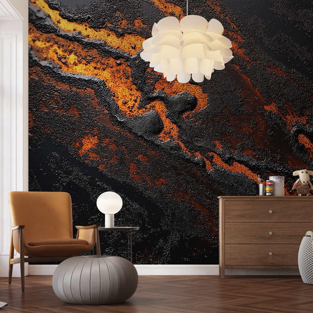Modern black and gold marble wallpaper in luxurious dining room with pendant lights and wooden table