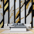 Black and gold marble wallpaper in modern living room with high ceilings
