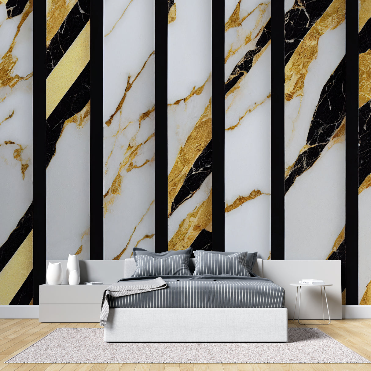 Black and gold marble wallpaper in modern living room with high ceilings