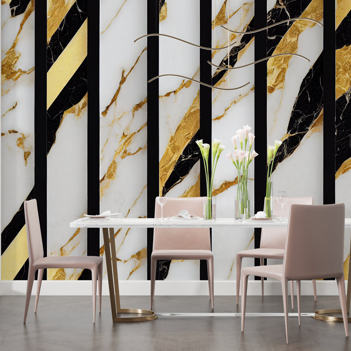 Luxury marble wall mural in elegant dining room setting