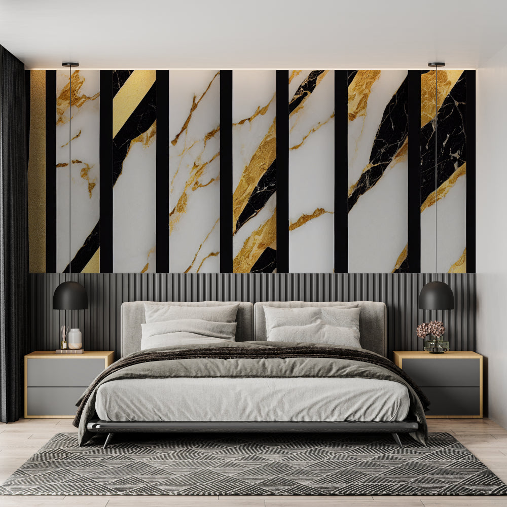 Black and gold striped marble wallpaper in hotel-style bedroom