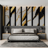 Black and gold striped marble wallpaper in hotel-style bedroom