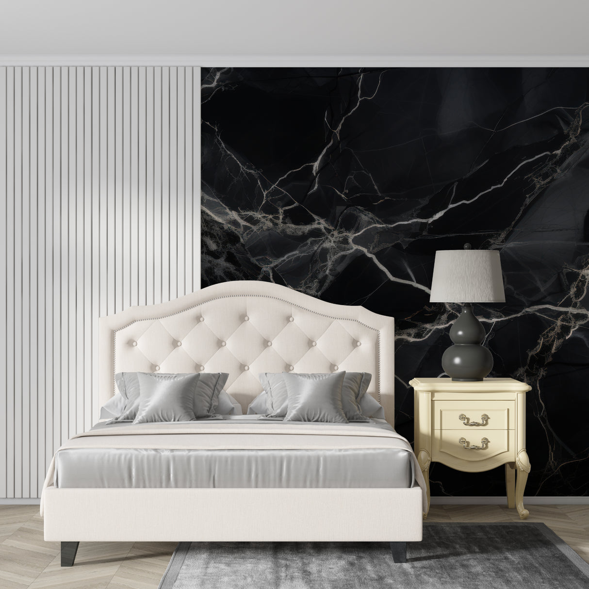 Black marble wallpaper mural in modern luxury living room with white furniture and natural lighting