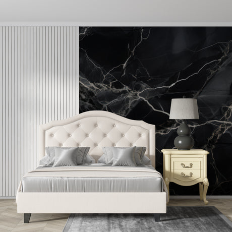 Black marble wallpaper mural in modern luxury living room with white furniture and natural lighting