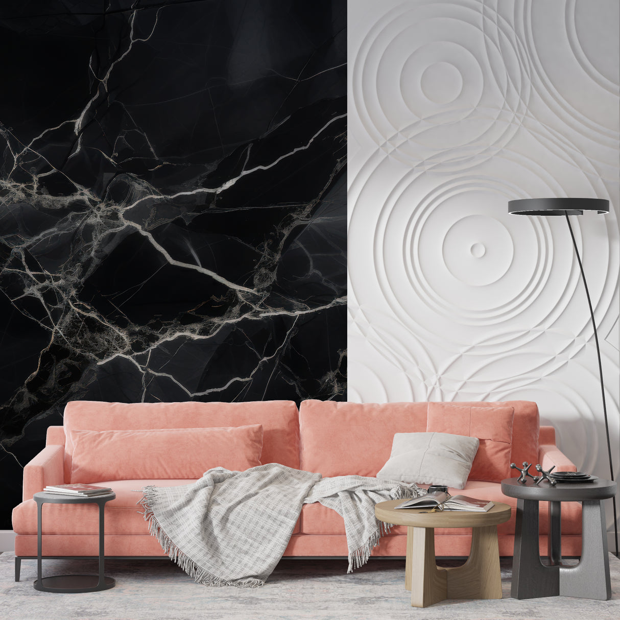 Elegant dining room featuring black and white marble wall mural with crystal chandelier