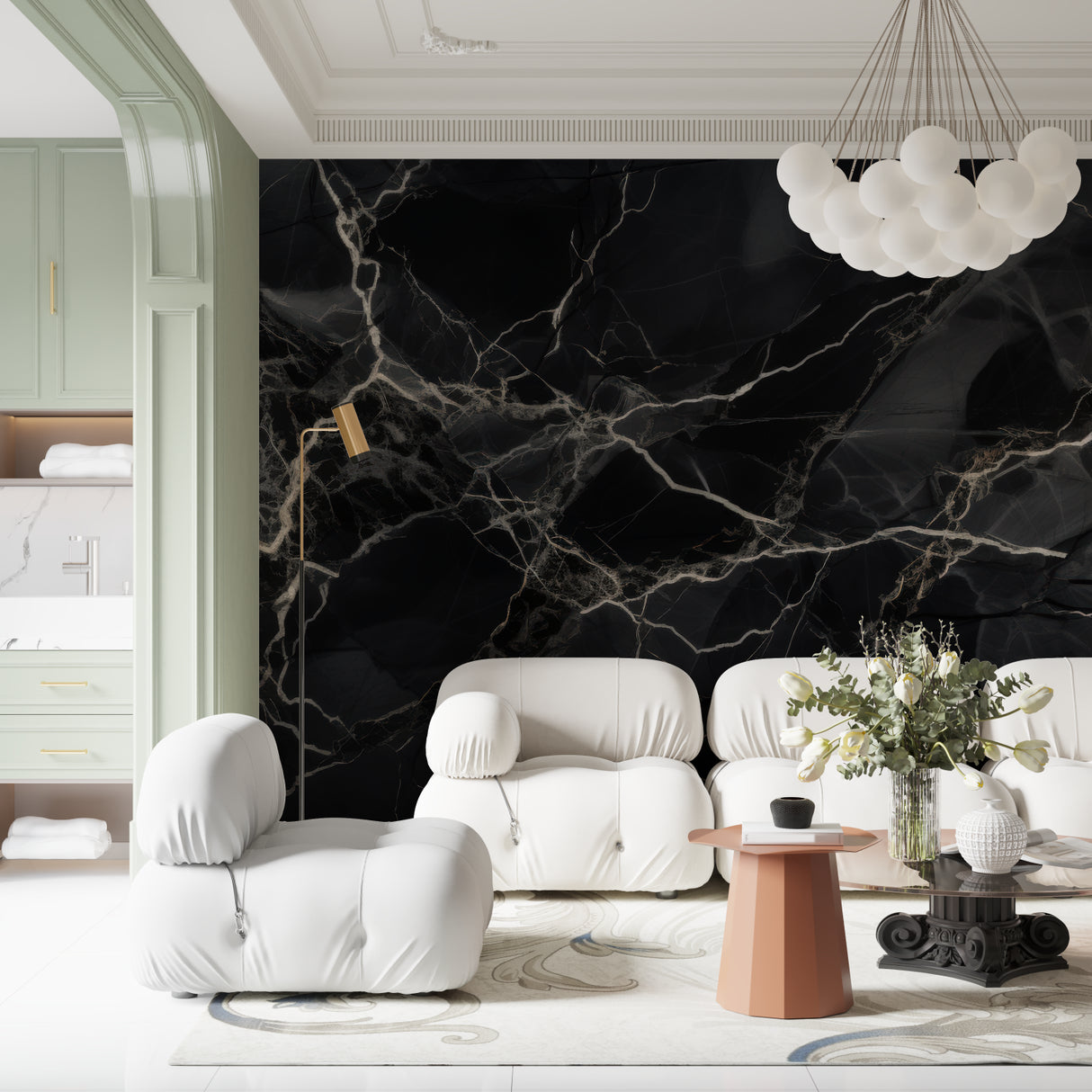 Master bathroom with dramatic black marble wallpaper creating spa-like atmosphere