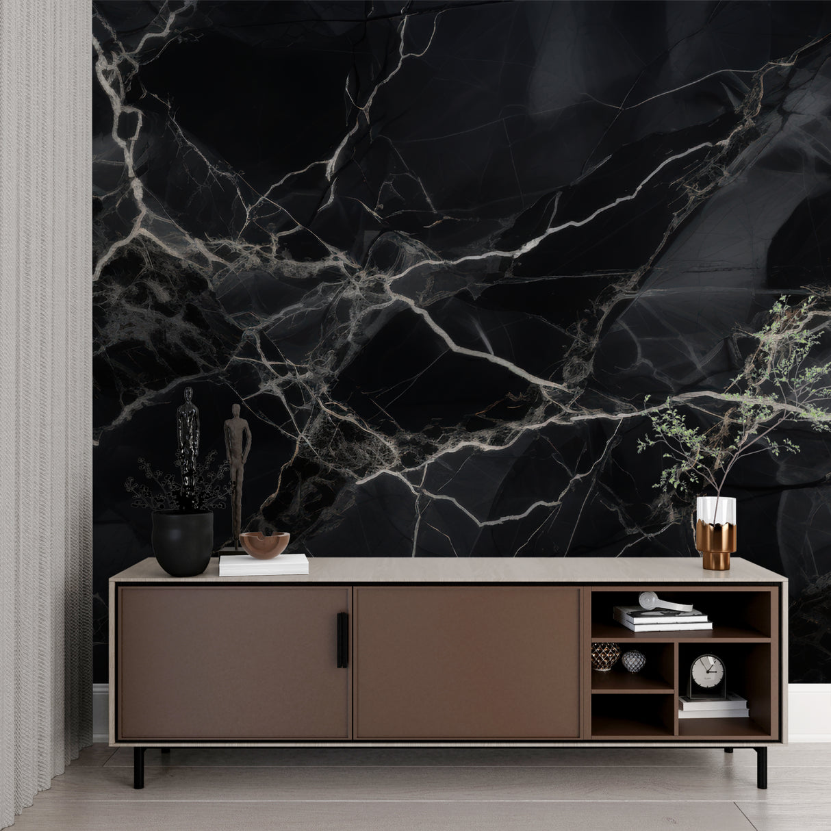 Boutique retail space showcasing black and white marble wallpaper as elegant backdrop