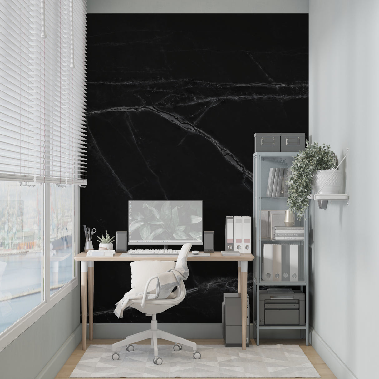 Black marble wallpaper with white veins in modern living room, adding luxury and depth to the space