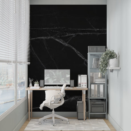Black marble wallpaper with white veins in modern living room, adding luxury and depth to the space
