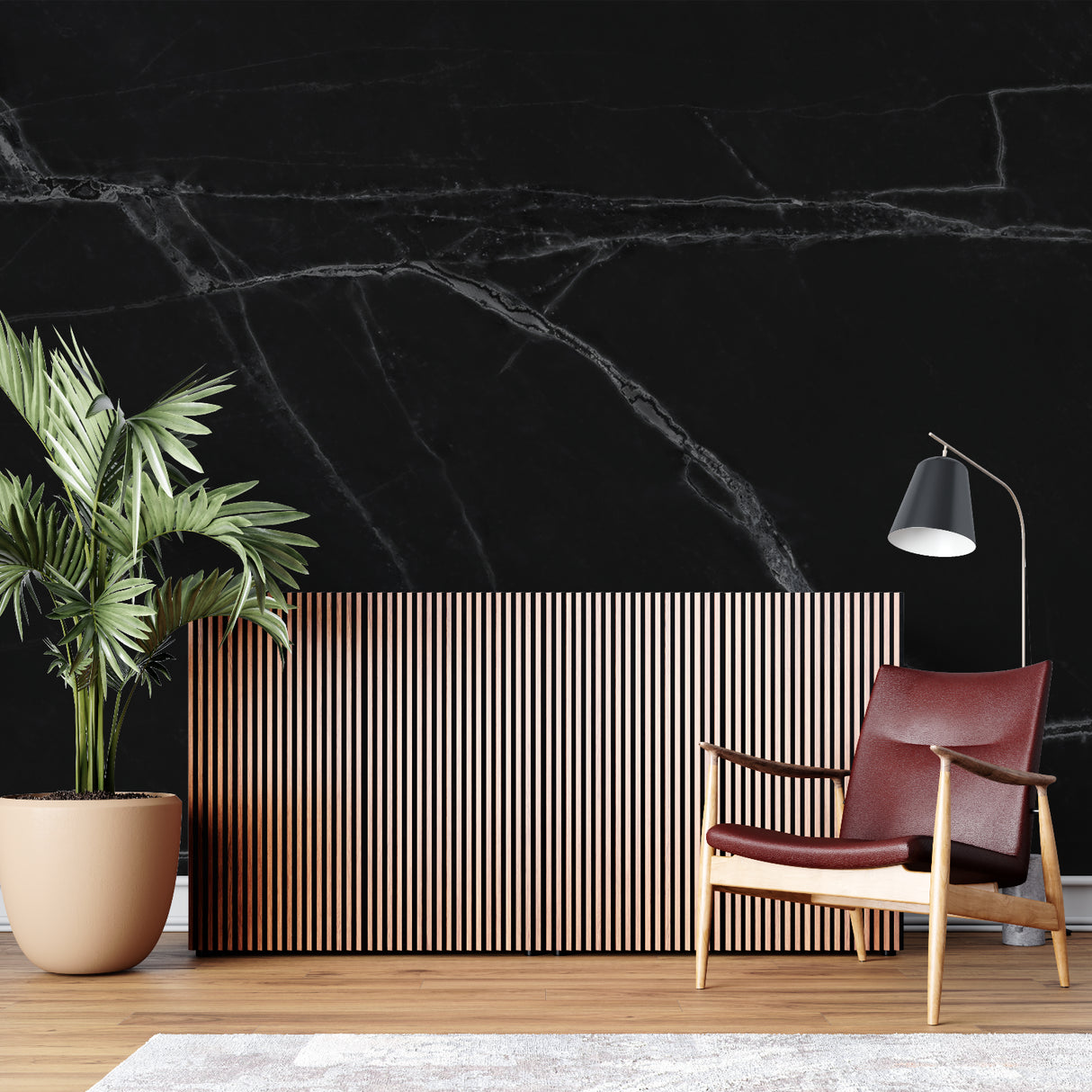 Elegant dining room featuring black marble wall mural with striking white veining pattern