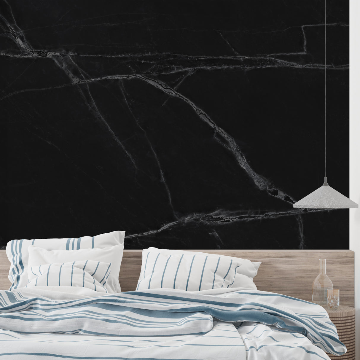 Contemporary hallway showcasing black and white marble wall design