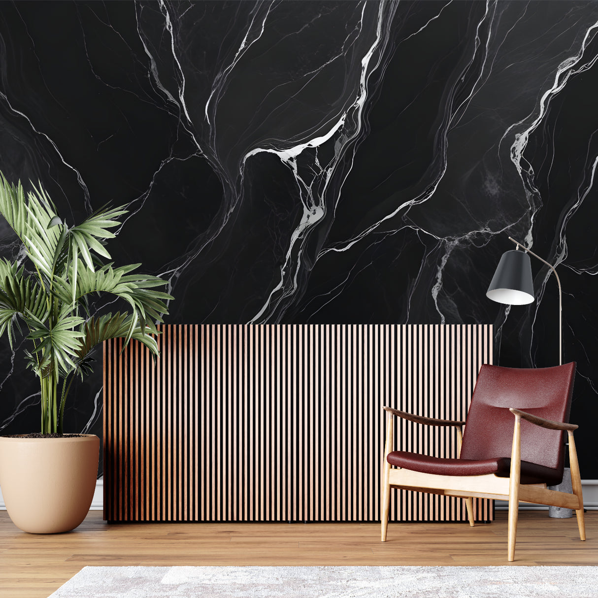 Black marble wallpaper creating dramatic impact in modern living room with white furniture