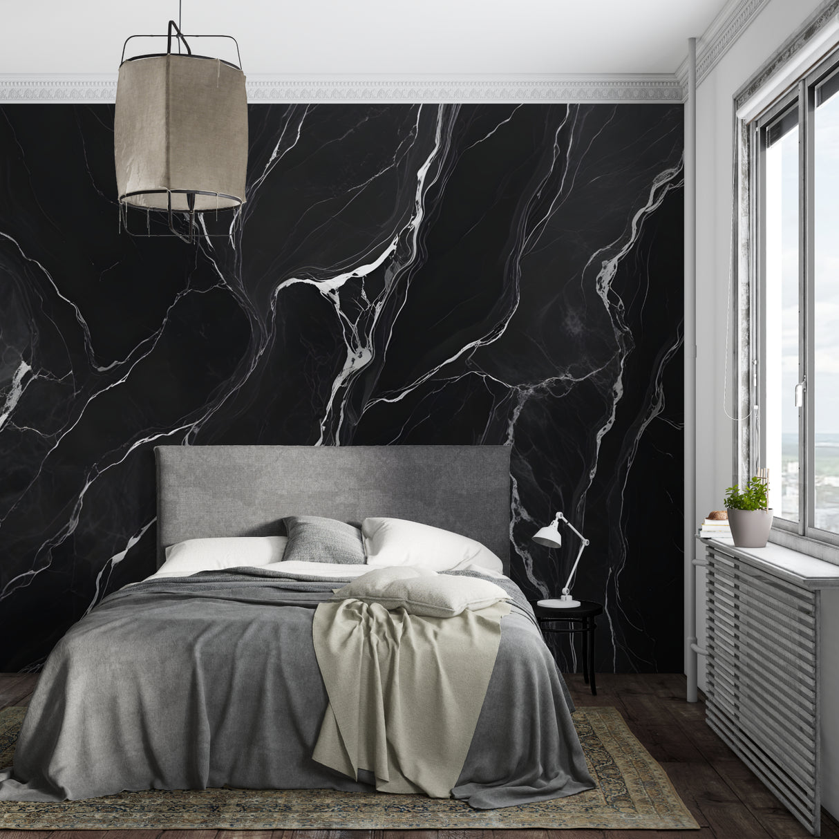 Luxury marble wall mural showcased in elegant master bedroom setting