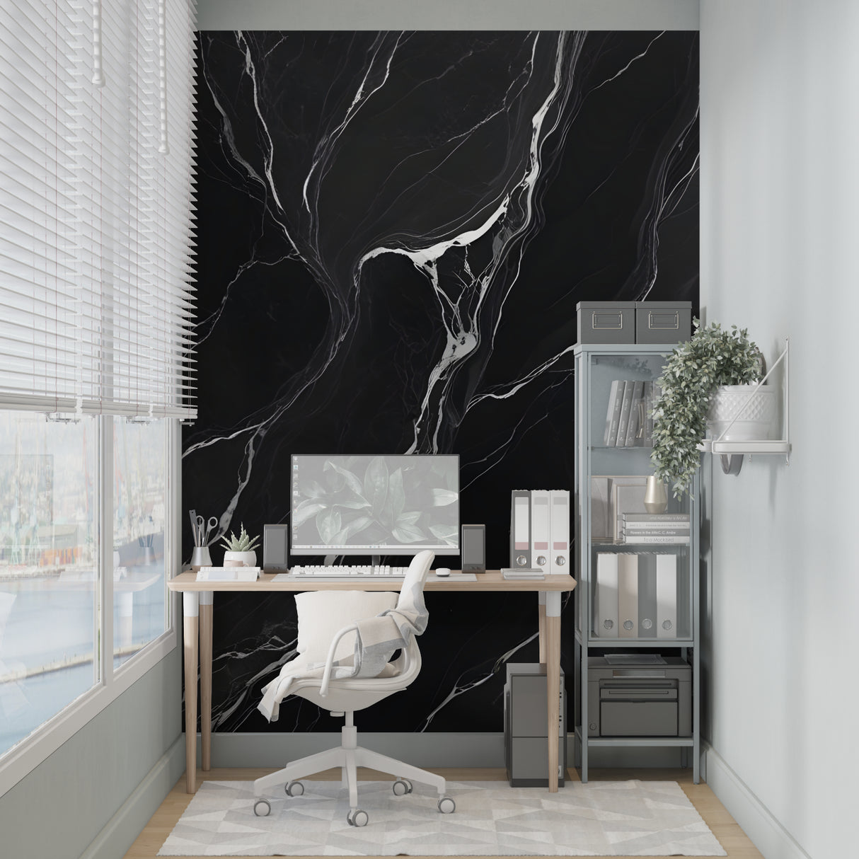 Black and white marble wallpaper making statement in minimalist dining room
