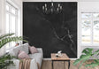 Black marble wallpaper with white veins in modern living room setting