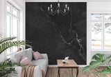 Black marble wallpaper with white veins in modern living room setting