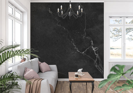 Black marble wallpaper with white veins in modern living room setting