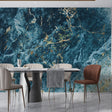 Blue and gold marble wallpaper in modern living room creating luxurious atmosphere