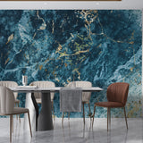 Blue and gold marble wallpaper in modern living room creating luxurious atmosphere
