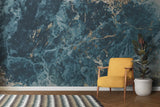 Elegant dining room featuring blue marble wall mural with gold accents