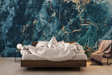 Master bedroom with blue and gold marble feature wall